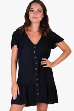 Plain Cap Sleeve Button Dress